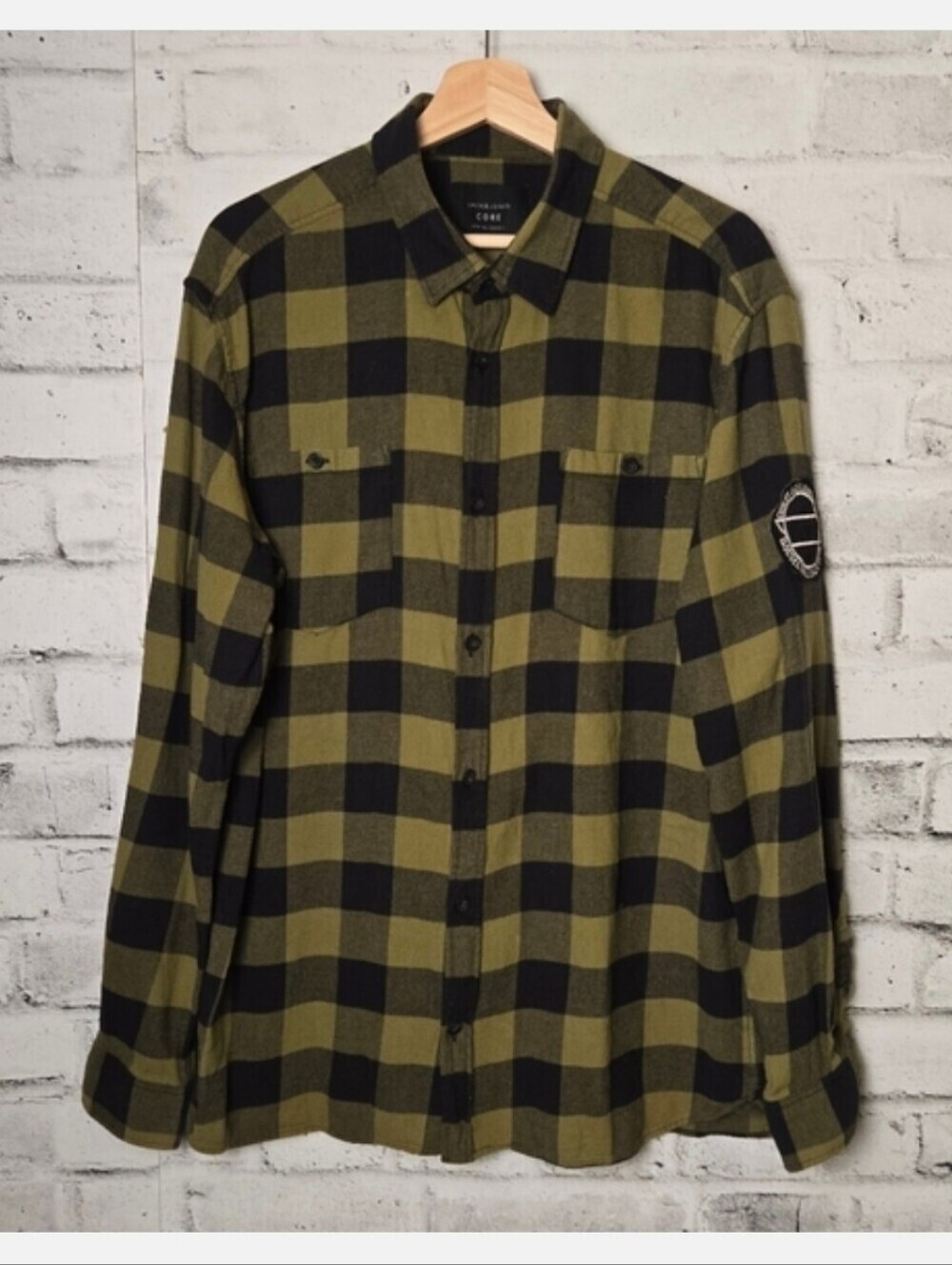 Jack and Jones Mens XXL Green Black Buffalo Plaid Button Up Flannel Shirt